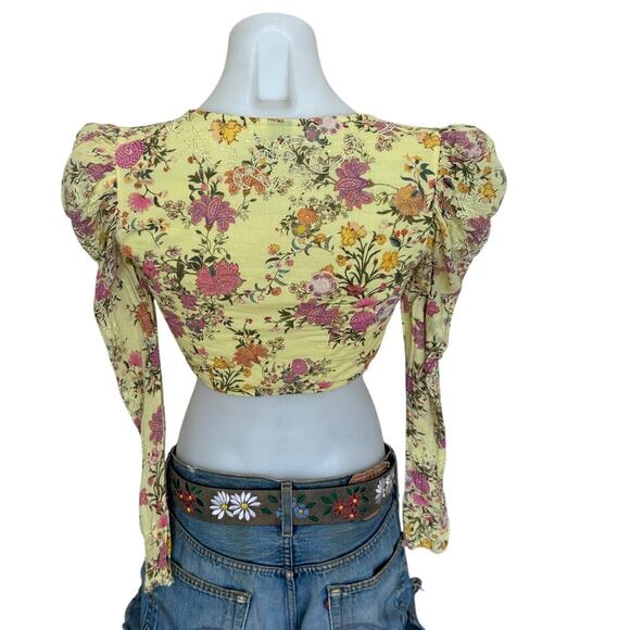 Hemant and Nandita Yellow Floral Crop Top XS Hippie Gypsy Plunging Princess $238 - Picture 8 of 11
